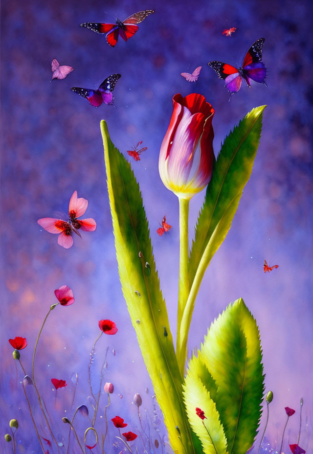 Colorful painting of red tulip, butterflies, and flowers on blue-purple backdrop