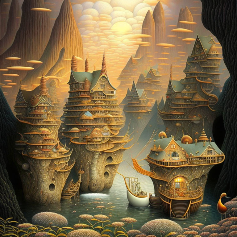Mystical village with treehouse structures, wooden ship, and golden sunset