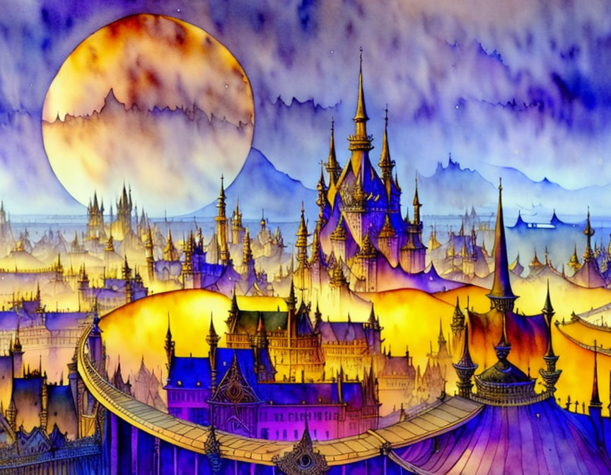 Fantasy painting: Castle with spires under golden moon in dreamy sky