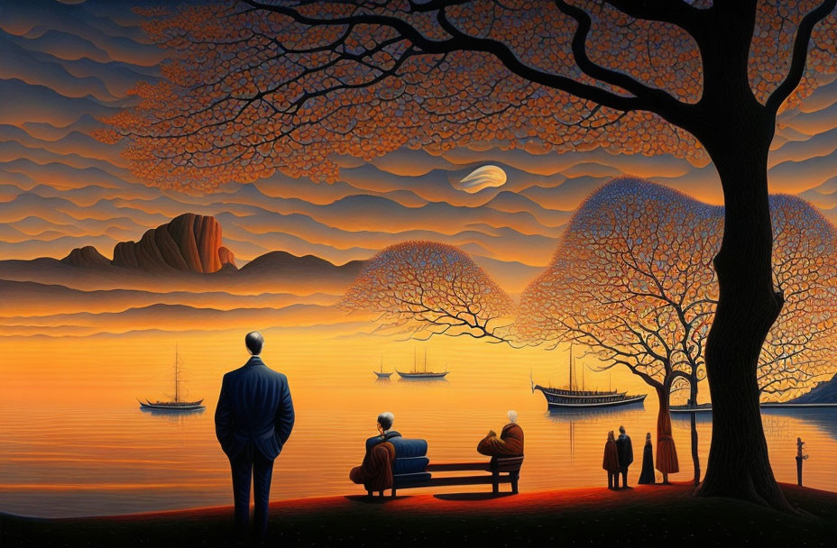 Tranquil sunset scene with silhouetted figures, boats, and trees over calm waters