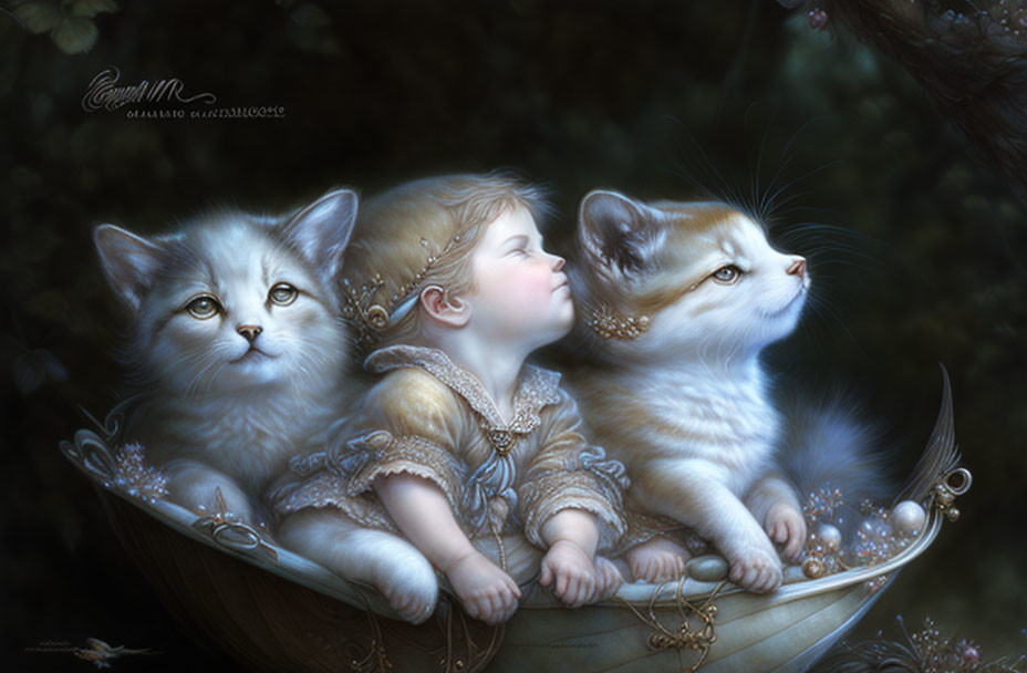 Child and kittens in leaf boat with human-like eyes and jewelry