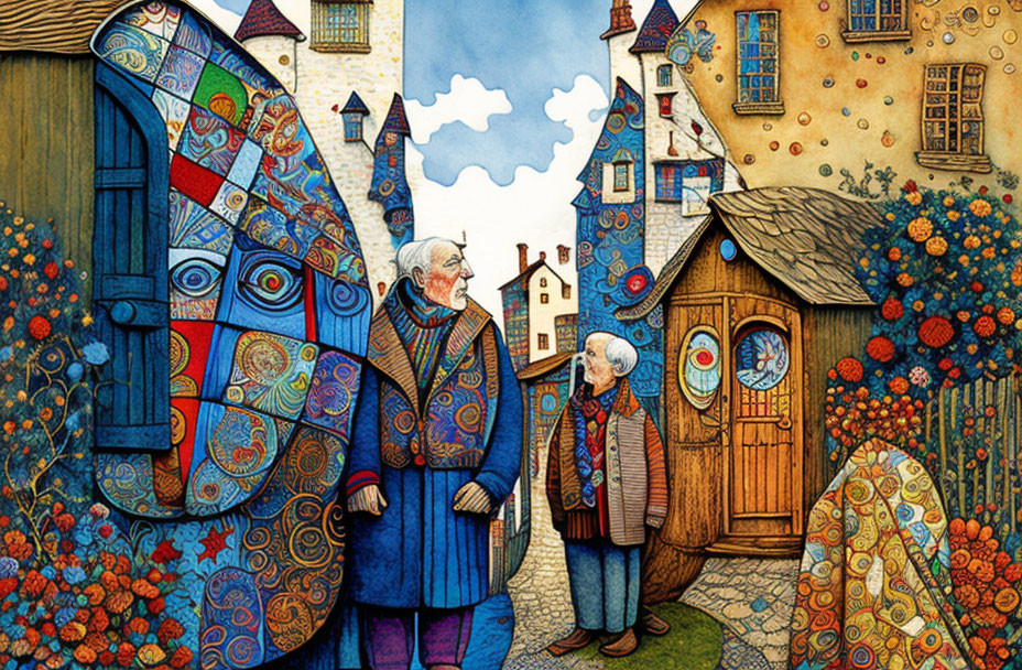 Whimsical illustration: Elderly couple in fantastical village