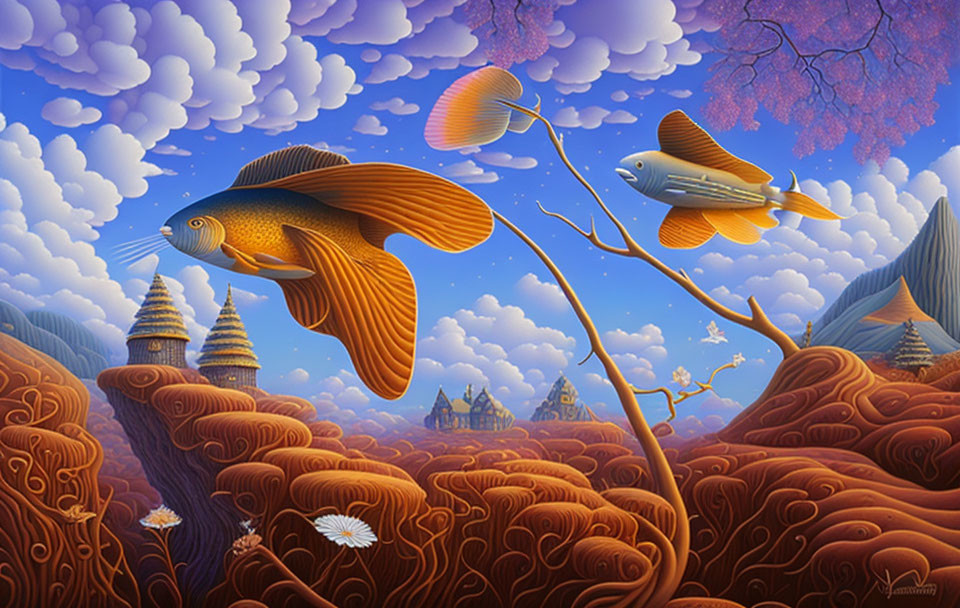 Vibrant orange fish in surreal aquatic landscape with tree-like coral formations