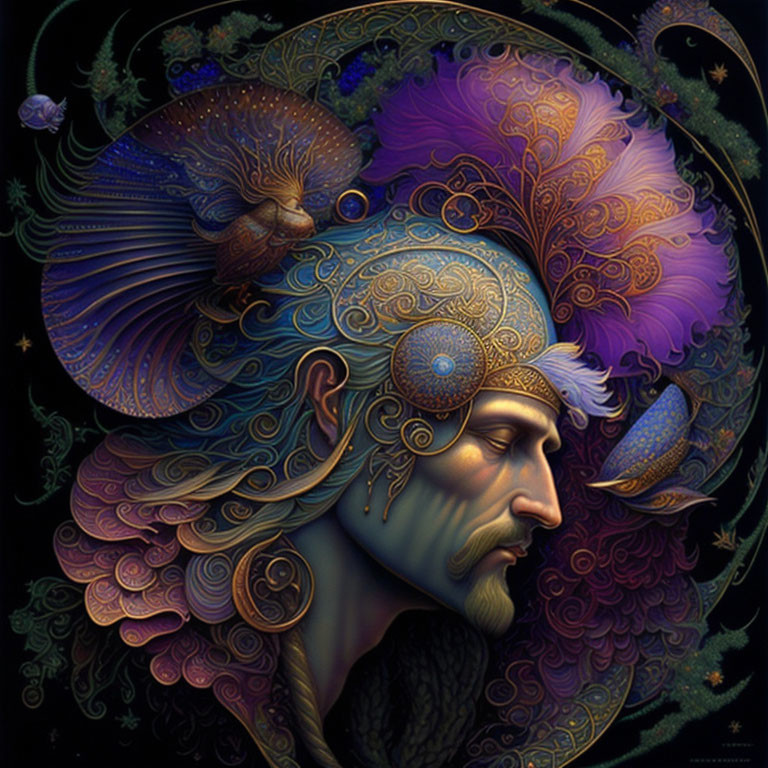 Colorful surreal portrait with marine-themed elements blending into hair and beard