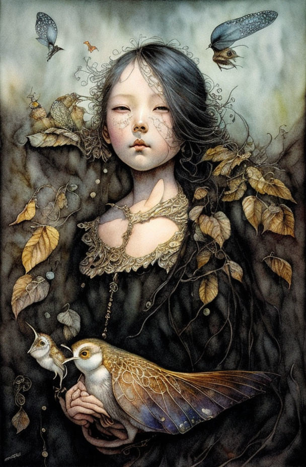 Ethereal girl surrounded by birds and leaves in dreamlike colors