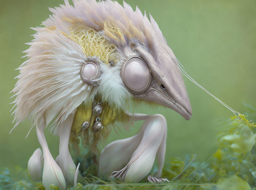 Feathered creature with bird-like beak and antennae on green background