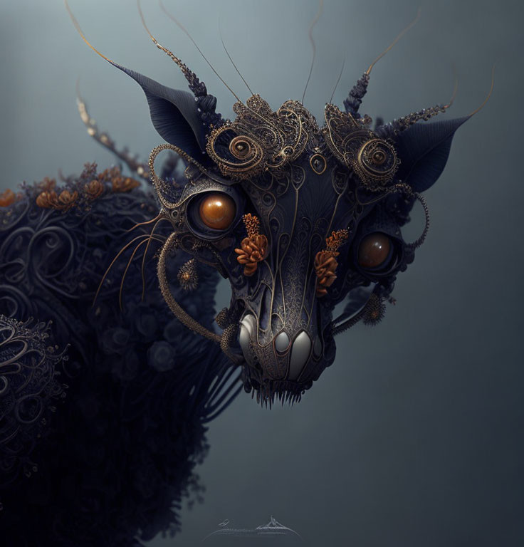 Fantastical creature with metallic adornments, soulful eyes, and ornate horns on muted background