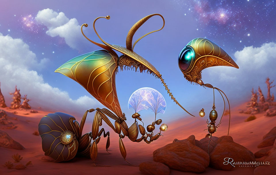 Fantastical insect-like creatures with metal and glass elements in desert landscape