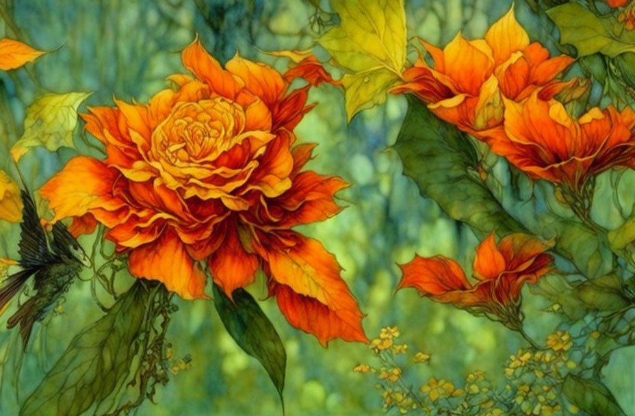 Lush green foliage with vivid orange flowers in dreamy style