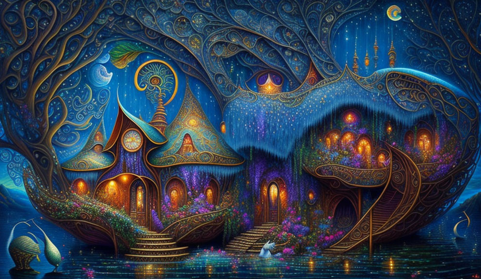 Illustration of glowing treehouse in fairy-tale nighttime scene