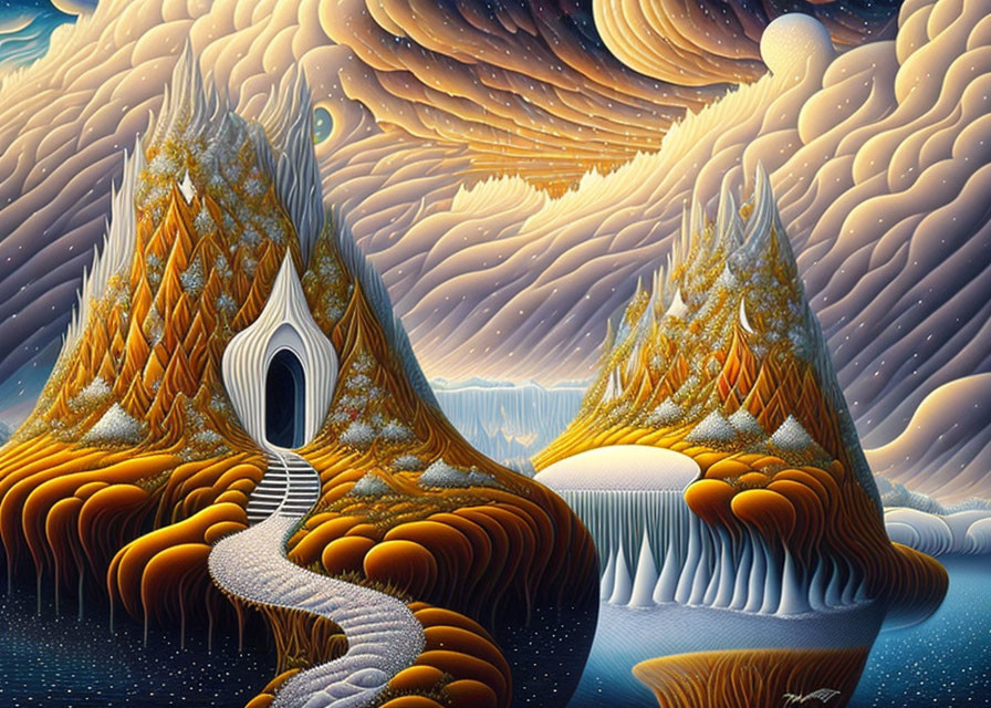 Surreal landscape with orange hills, white staircase, door, and swirling sky