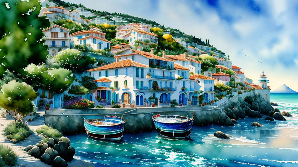 Scenic Coastal Village with Colorful Buildings and Lighthouse