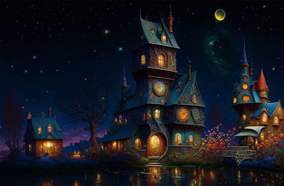 Whimsical illuminated houses by calm river under starry sky