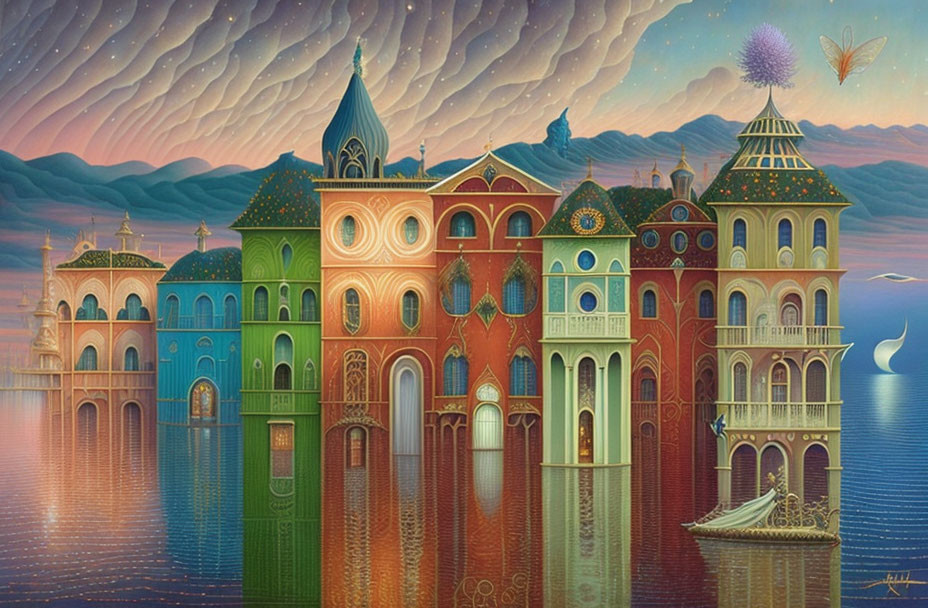 Vibrant fantasy buildings mirrored in water at twilight with cloud patterns and fireworks