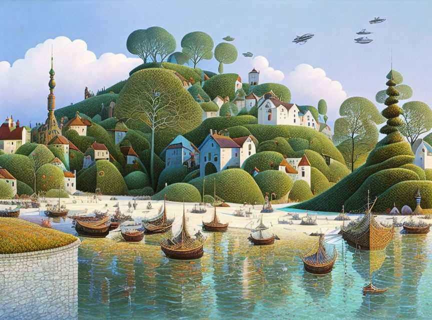 Coastal village painting with rounded hills, boats, and flying fish ships