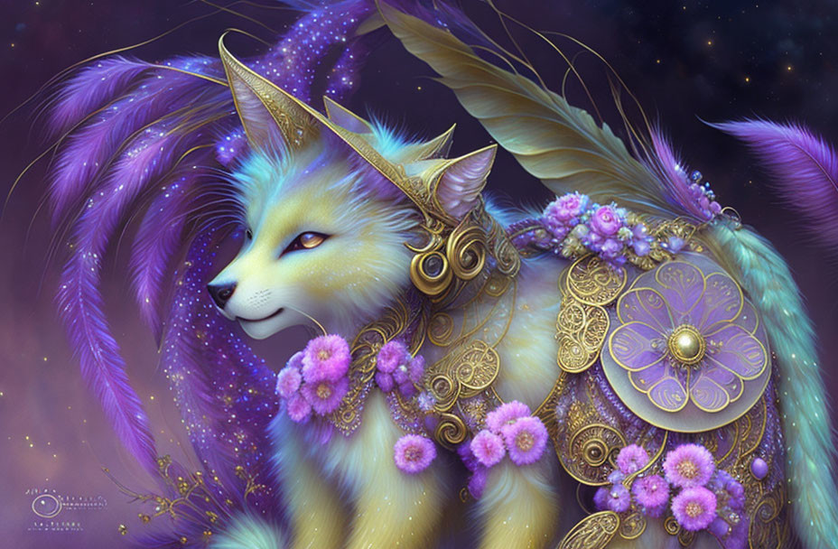 Majestic fantasy fox creature in violet feathers and golden armor on starry backdrop