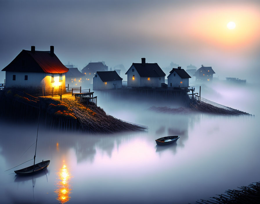 Tranquil Lakeside Sunset with Illuminated Houses and Boats