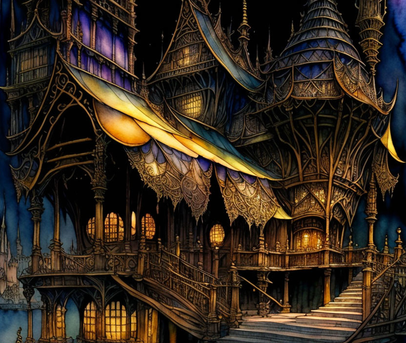 Detailed fantasy-style building illustration with spires, balconies, and lit entrance.