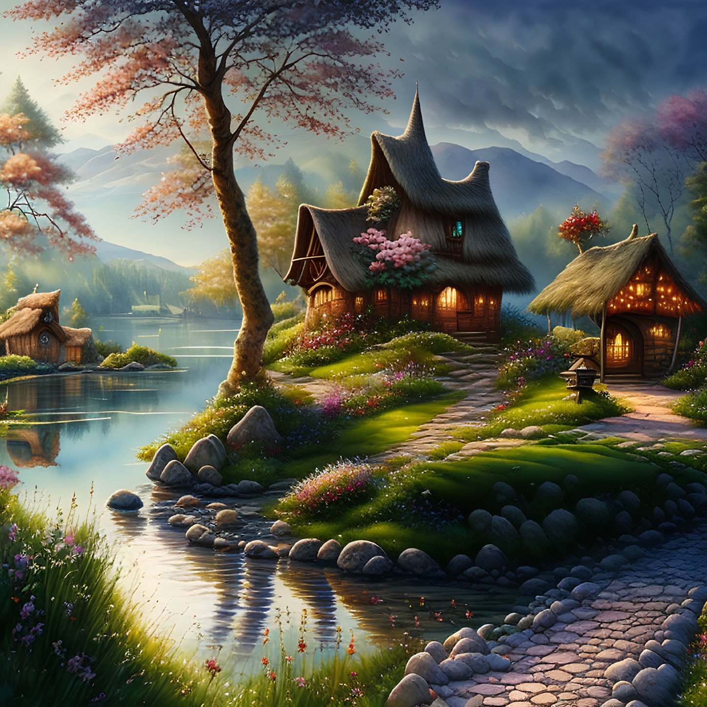 Tranquil twilight scene: cozy cottages, serene lake, lush greenery, cherry blossoms