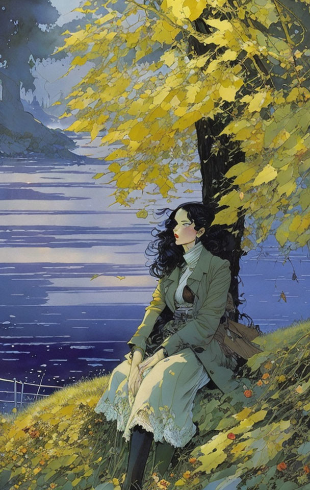 Woman in Green Coat Relaxing by Water Among Autumn Leaves