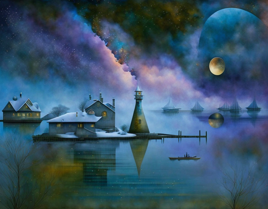 Snow-covered houses, lighthouse, boats, ships, and cosmic sky in serene dreamscape