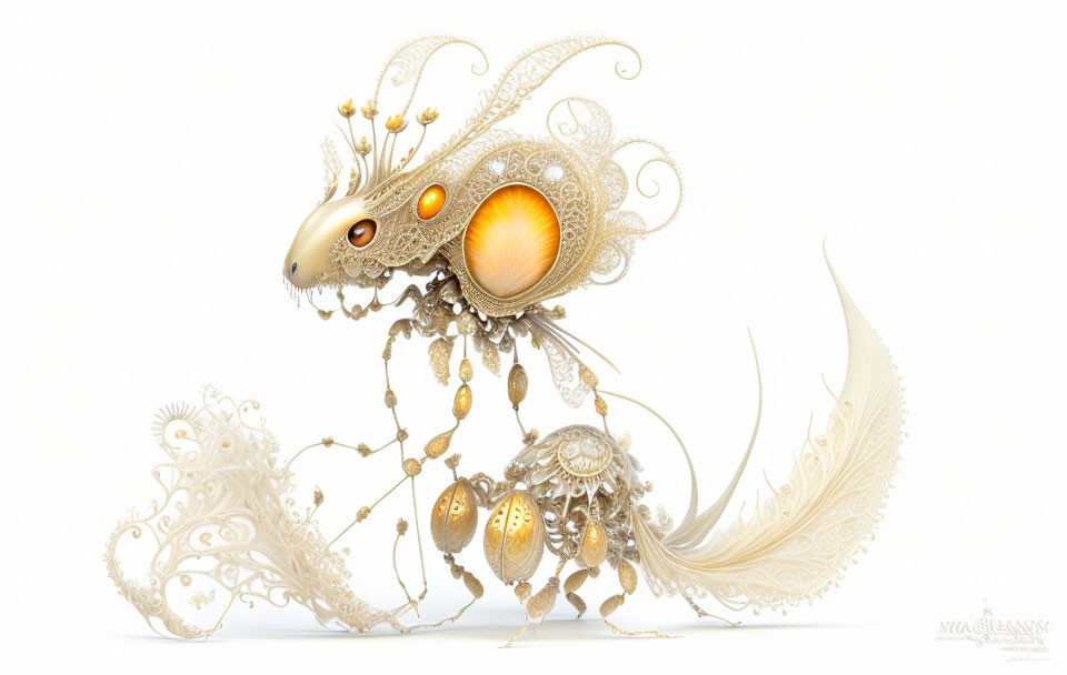 Intricate gold and ivory-toned fantastical creature with swirling motifs