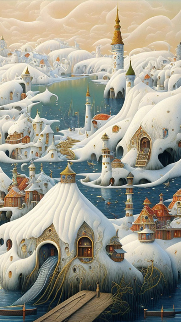 Whimsical winter landscape with organic shapes and fantastical buildings