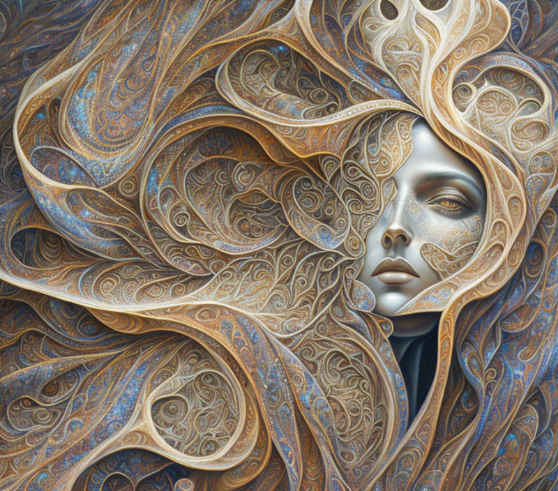 Intricately designed artwork with woman's face in bronze tones