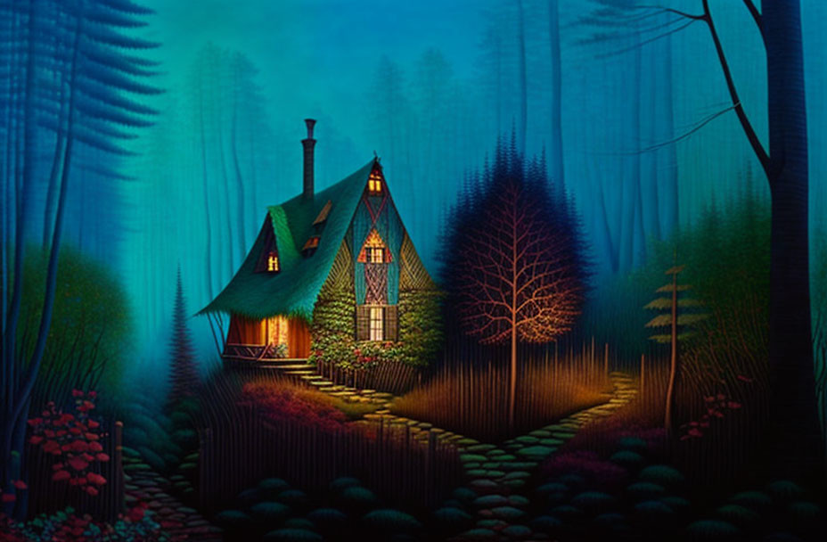 Cozy house in nighttime forest with lit windows