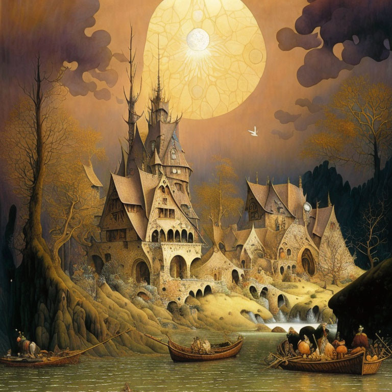 Fantastical village painting with autumn trees and river boats