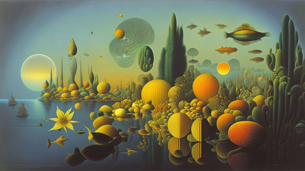 Surreal landscape featuring floating orbs, marine hybrids, and dual-mooned sky