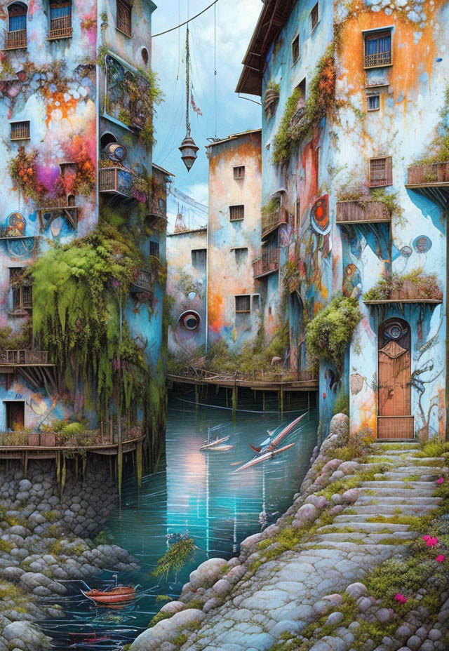 Vibrant riverside scene with boats, flora, and weathered buildings