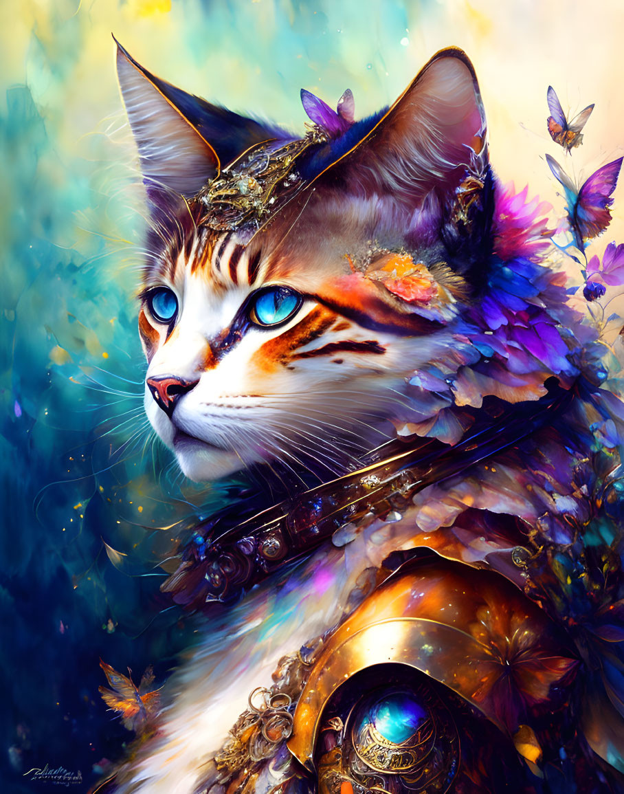 Majestic cat digital artwork with blue eyes, ornate armor, flowers, butterflies