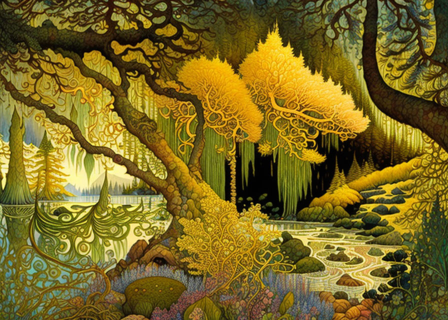 Detailed Illustration of Vibrant Fantasy Forest with Golden Trees