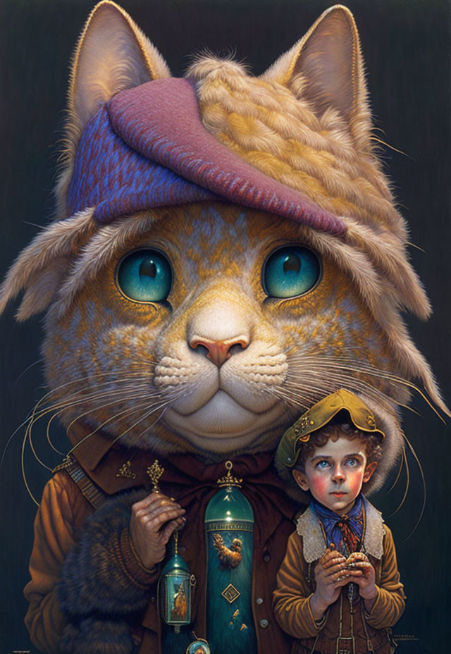 Detailed painting of large cat with human-like eyes in hat behind child with lantern and beads