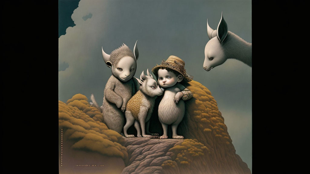 Child embraced by fantastical creatures on fluffy cloud under moody sky