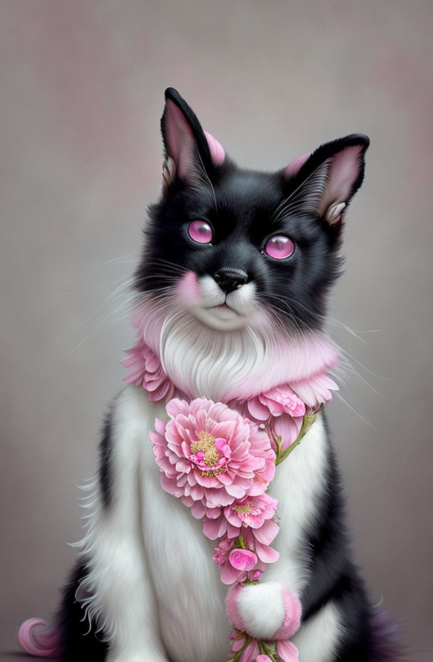 Cat with human-like features in pink collar holding flower