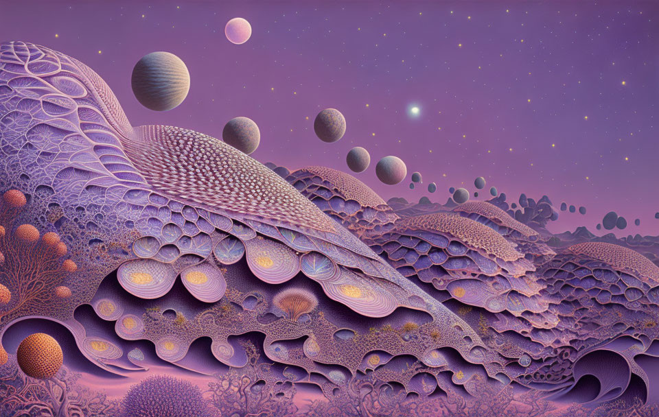 Fractal patterns and purple spheres in surreal landscape