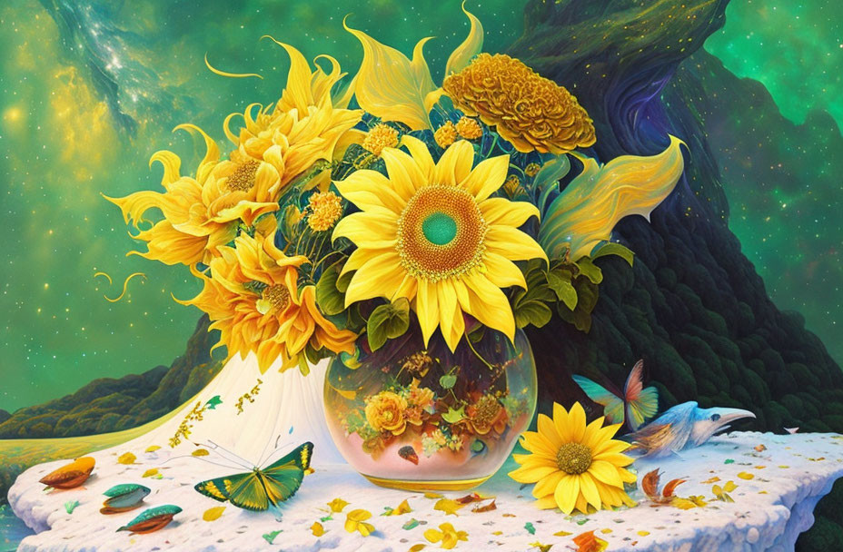 Colorful sunflower bouquet in glass vase with bird and butterflies on fantastical backdrop