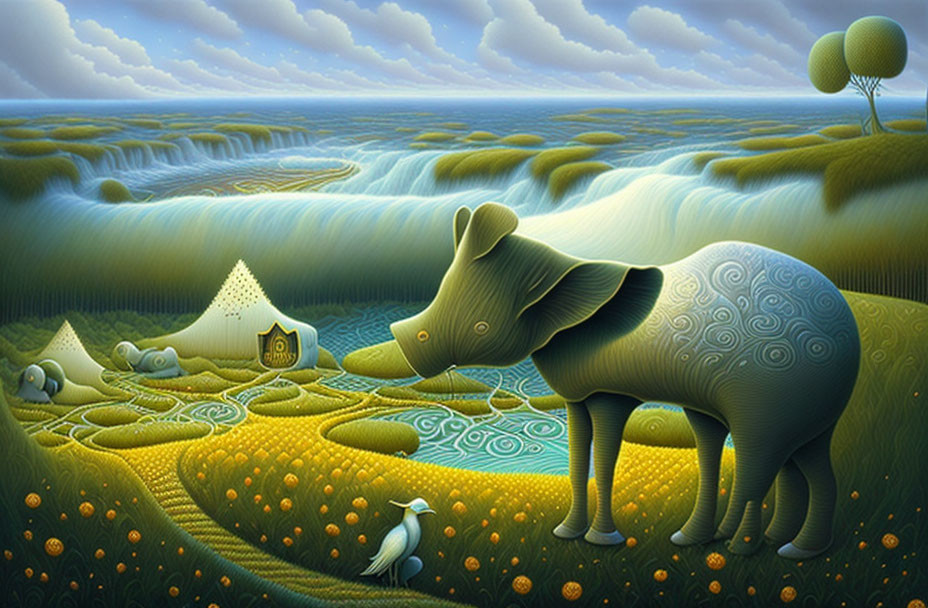 Surreal landscape with stylized elephant and rolling hills