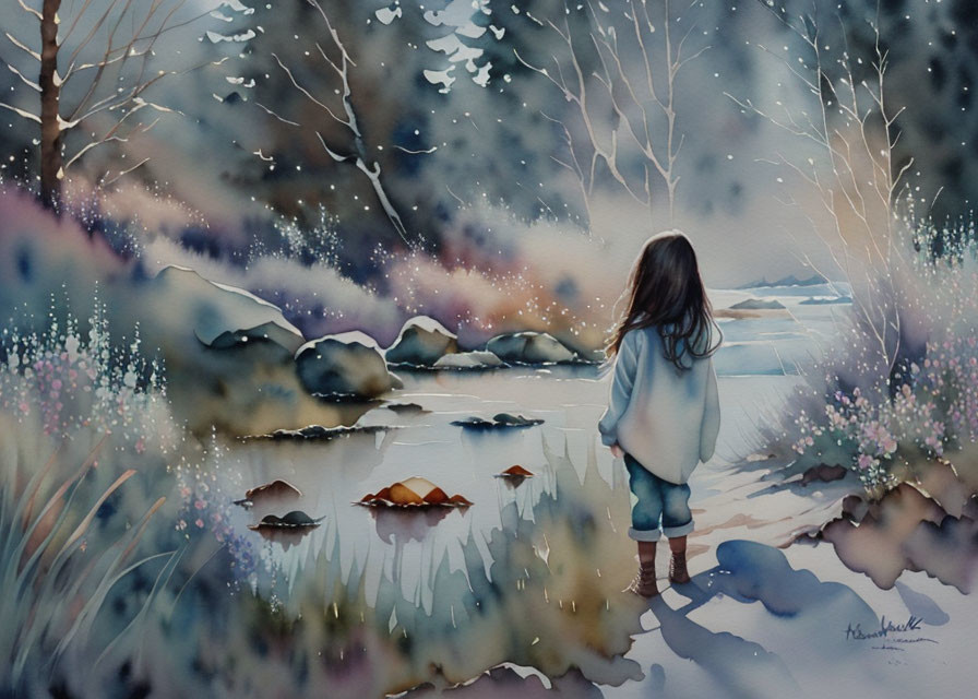 Child in winter landscape with frozen stream and wildflowers under twilight sky