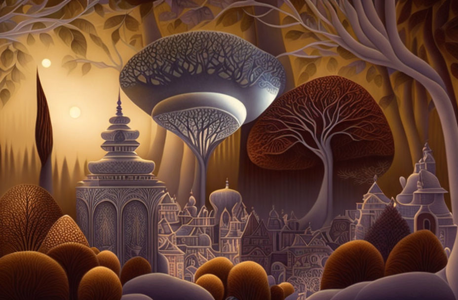 Fantastical landscape with mushroom-like trees and intricate buildings