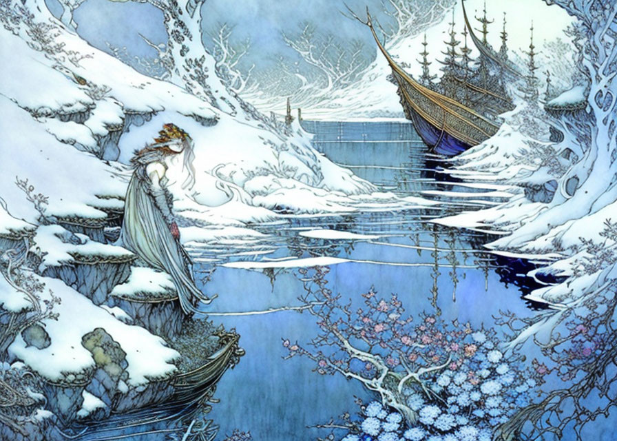 Snow-covered landscape with figure, boat, and blossoming trees by river