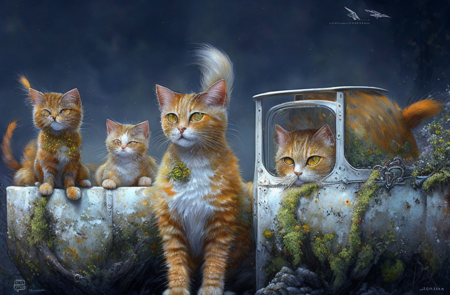 Four Orange Cats on Rusty Car in Tranquil Setting