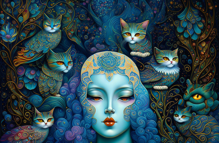 Colorful Artwork: Serene Figure with Cats and Owls