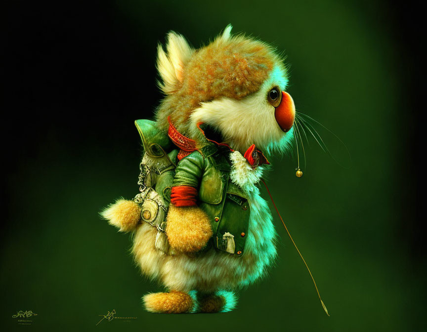 Whimsical fluffy creature with orange nose in green jacket with keys