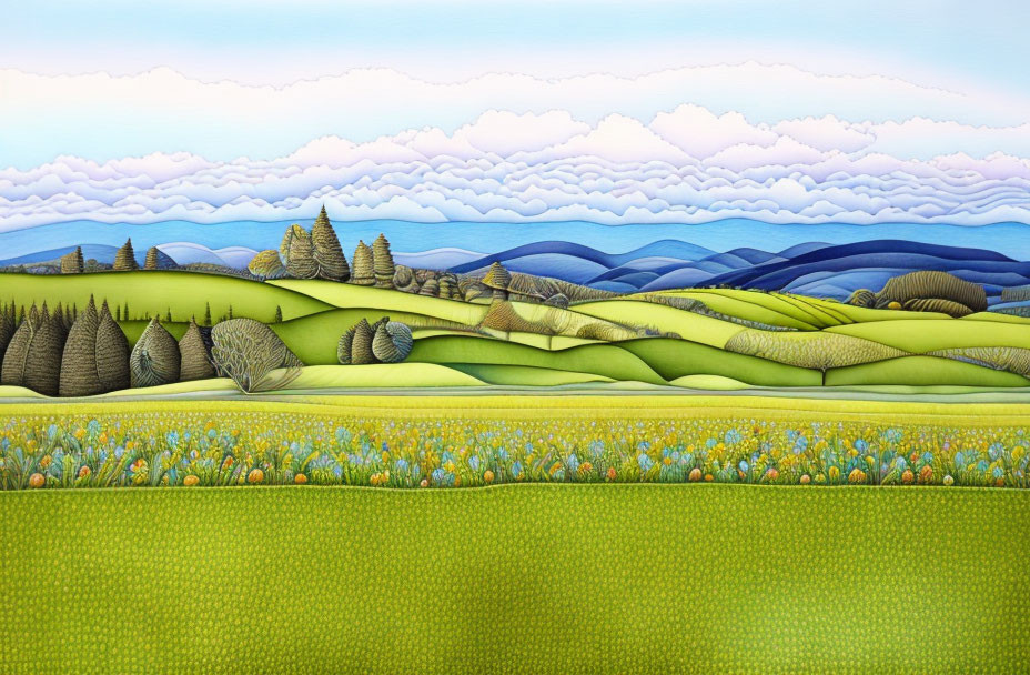Stylized landscape painting with green hills, patterned fields, trees, mountains, and fluffy clouds