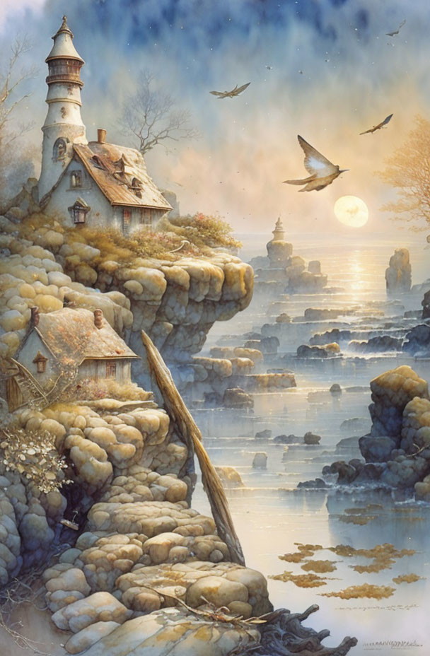 Tranquil fantasy landscape with lighthouse, cottages, misty waters, and birds at sunset