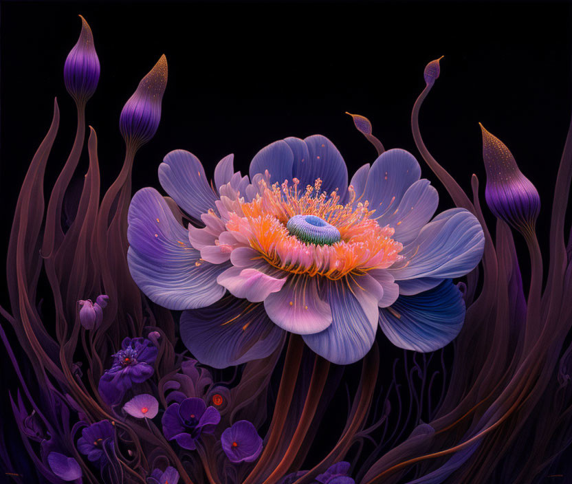 Colorful digital artwork: stylized flower with intricate petals on dark background