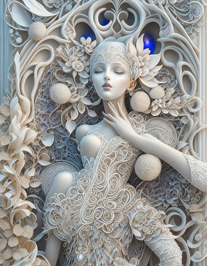 Intricate 3D art: Pale female figure with flowing hair in ornate floral and geometric